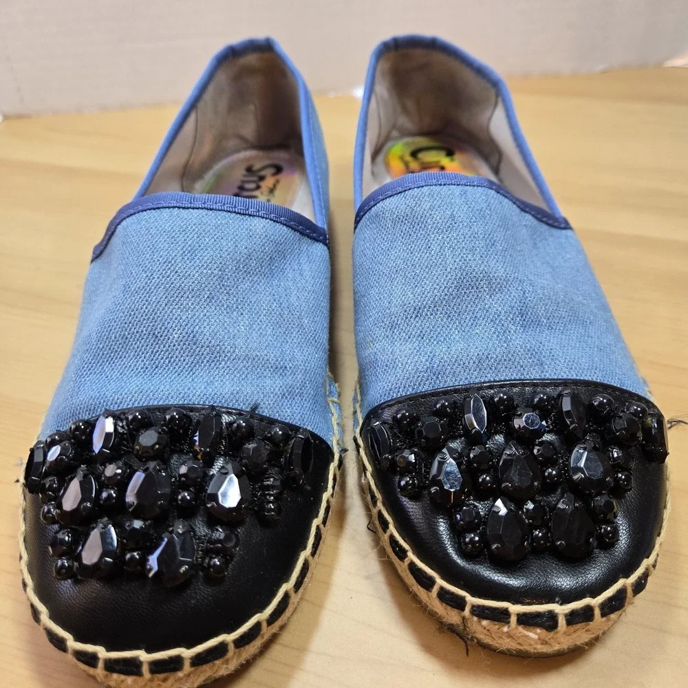 Circus by Sam Edelman Blue Espadrille Flats Black Beaded Toe Women's Size 8